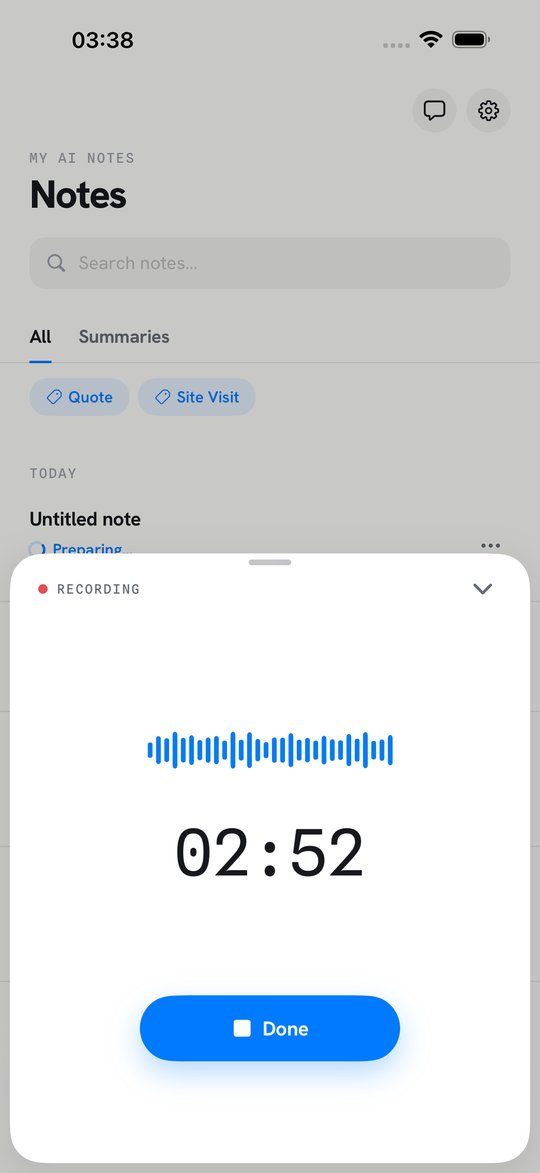 My AI Notes recording screen with a live waveform and timer