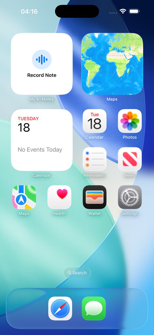 An iPhone home screen with the My AI Notes "Record Note" widget in the top-left corner